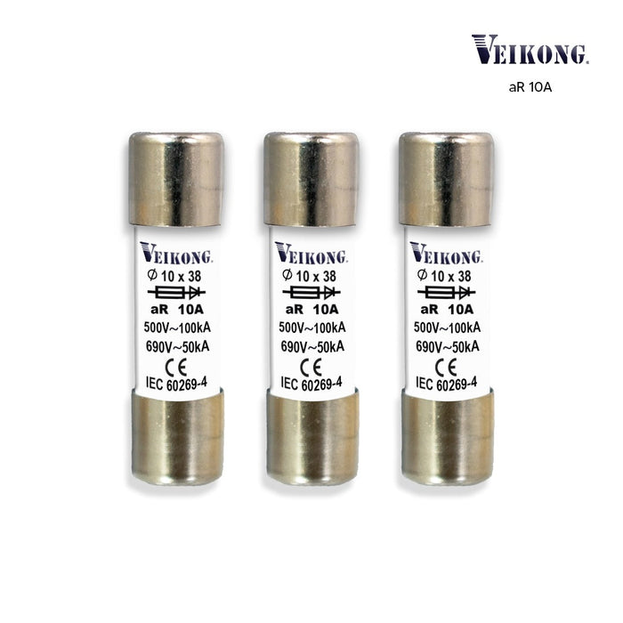 Juego de 3 Fusibles de cartucho de ceramica , Tamaño 10x38mm para seccionador: RT18-32 , Acción Rapida (aR), 500VAC, 10Amp, 100kA, para variador: VFD500M-R75GS2B VFD500M-R75GT2B ,VFD500M-R75GT4B,VFD500-R75GT4B