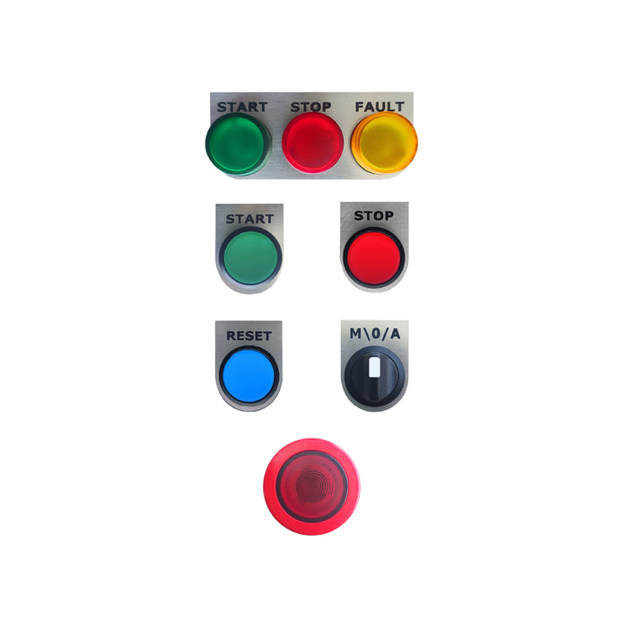 Kit de botonera completa marca ABB. Incluye: Paro de emergencia, botón pulsador de Inicio, Reset y Alto, luces piloto de Inicio, Falla y Alto, Selector de 3 posiciones