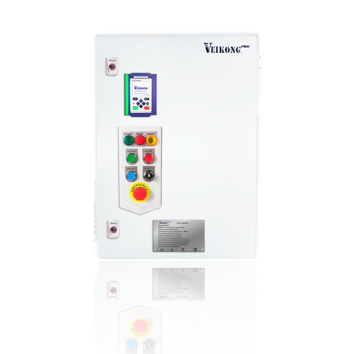 VEIKONG PRO DRIVE 25 hp VFD500P-018G/022PT4B-GB, 480 VAC, 37 AMP, ensamblado en gabinete metálico incluye: seccionador-portafusibles, fusibles tipo aR, Estación de botones de arranque y paro, reset, emergencia, e indicacion piloto y accesorios