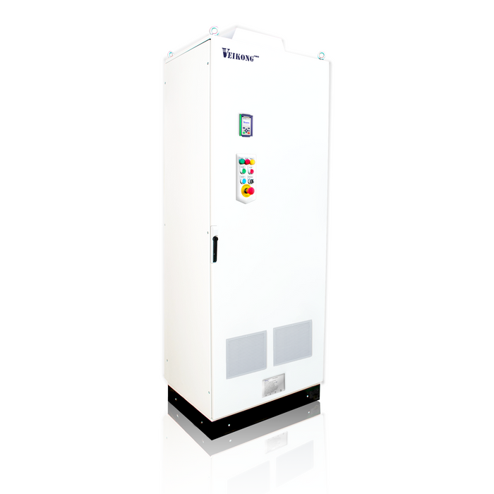VEIKONG PRO DRIVE 250 hp VFD500P-185G/200PT4-GB, 480 VAC, 372 AMP, ensamblado en gabinete metálico incluye: seccionador portafusibles, fusibles tipo aR, Estación de botones de arranque y paro, reset, emergencia, e indicación piloto y accesorios
