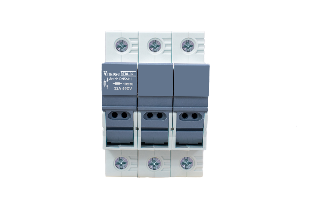 Seccionador portafusible 3 polos para fusible 10x38mm TIPO: RT18-32 ,modelo: DN56113 10A; 16A; 20A; 25A, 32A.