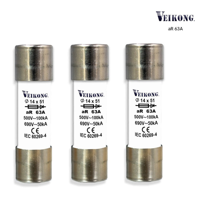 Juego de 3 Fusibles de cartucho de ceramica , para seccionador: RT18-63 , Tamaño 14x51mm , Acción Rapida (aR), 500VAC, 63Amp, 100kA, para variador: VFD500-015G/018PT4B VFD500-018G/022PT4B VFD500-7R5GT2B VFD500-7R5GS2B
