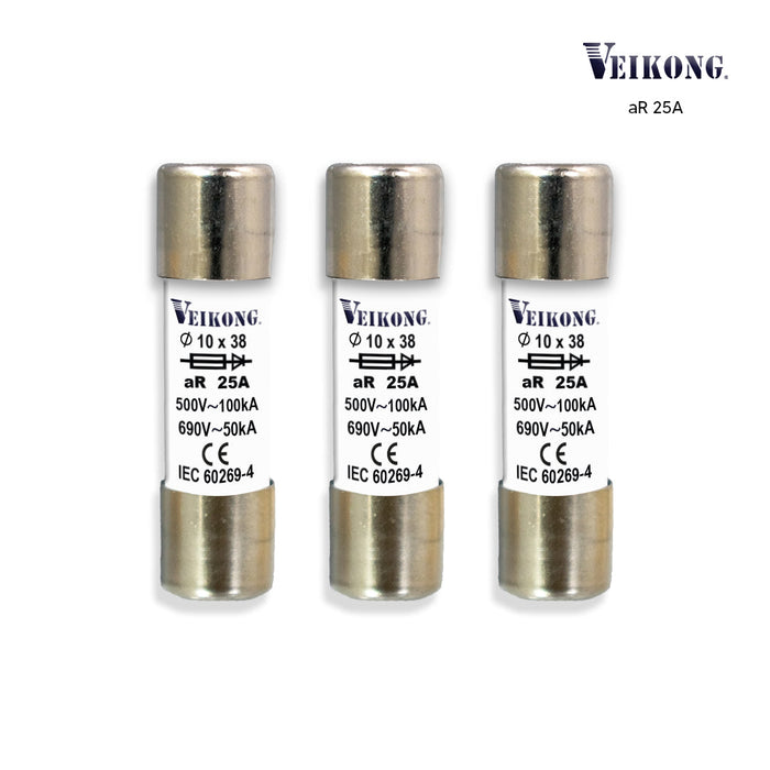Juego de 3 Fusibles de cartucho de ceramica , para seccionador: RT18-32 , Tamaño 10x38mm , Acción Rapida (aR), 500VAC, 25Amp, 100kA, para variador: VFD500M-2R2GS2B VFD500M-2R2GT2B VFD500M-5R5GT4B VFD500-5R5G/7R5PT4B VFD500-4R0GT2B VFD500-4R0GS2B