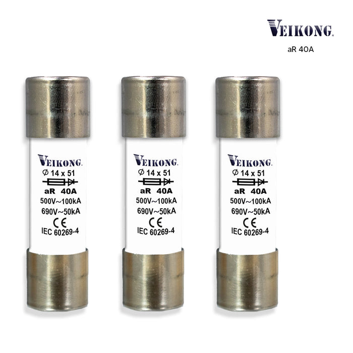 Juego de 3 Fusibles de cartucho de ceramica , para seccionador: RT18-63 , Tamaño 14x51mm , Acción Rapida (aR), 500VAC, 40Amp, 100kA, para variador: VFD500M-7R5GT4B VFD500-7R5G/011PT4B VFD500-011G/015PT4B VFD500-5R5GT2B VFD500-5R5GS2B