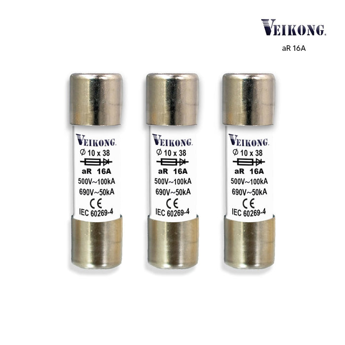 Juego de 3 Fusibles de cartucho de cer. secc ,RT18-32 , Tamaño 10x38mm , para seccionador: RT18-32 , Acción Rapida (aR), 500VAC, 16Amp, 100kA, para variador: VFD500M-1R5GT4B VFD500-1R5GT4B VFD500-R75GT2B VFD500-1R5GT2B VFD500-R75GS2B VFD500-1R5GS2B