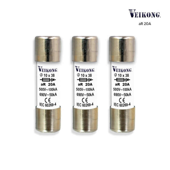 Juego de 3 Fusibles de cartucho de ceramica , sec RT18-32 , Tamaño 10x38mm , Acción Rapida (aR), 500VAC, 20Amp, 100kA, para variador: VFD500M-1R5GS2B VFD500M-1R5GT2B VFD500M-2R2GT4B VFD500M-4R0GT4B VFD500-2R2GT4B VFD500-4R0G/5R5PT4B VFD500-2R2GS2B