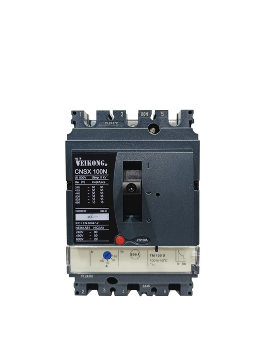 Interruptor termomagnético con relevador electrónico 2.0, en caja moldeada, CNS100N, 3P , 50 KA a 440V, regulable 70-100  Amperes  , aplicable para arrancador: VKS-8000-018-T2/037-T4/022-T2/045-T4