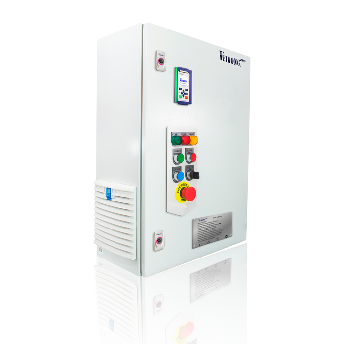 VEIKONG PRO DRIVE  25 hp VFD500P-018G/022PT4B-GB,  480 VAC, 37 AMP, ensamblado  en gabinete metálico incluye: seccionador-portafusibles, fusibles  tipo aR, Estación de botones de arranque y paro, reset, emergencia, e indicacion piloto y accesorios