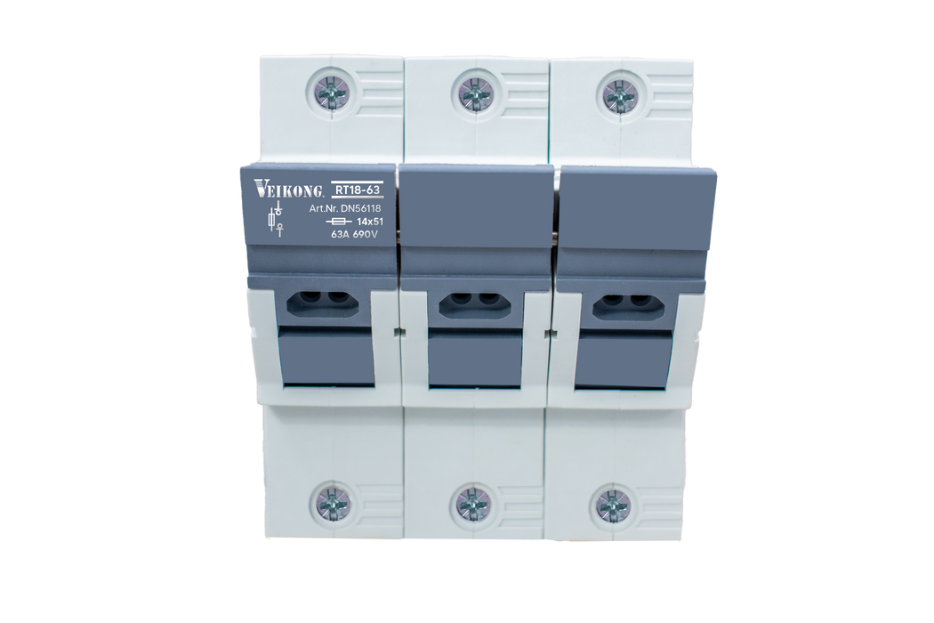 Seccionador Portafusible 3 polos para fusible de 14x51 mm  TIPO: RT18-63 ,modelo: DN56118  40A Y 63 Amp.