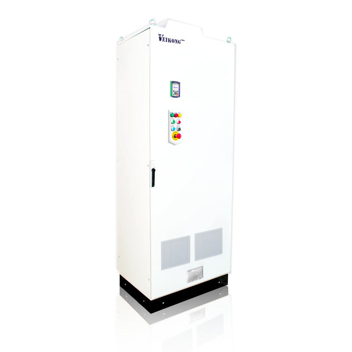 VEIKONG PRO DRIVE 250 hp VFD500P-185G/200PT4-GB, 480 VAC, 372 AMP en gabinete metálico. Incluye seccionador portafusibles con fusibles aR, reactor de salida, estación con botones arranque, paro, reset, emergencia, pilotos de indicación y accesorios.