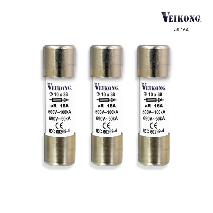 Juego de 3 Fusibles de cartucho de cer. secc ,RT18-32 , Tamaño 10x38mm , para seccionador: RT18-32 , Acción Rapida (aR), 500VAC, 16Amp,  100kA, para variador: VFD500M-1R5GT4B  VFD500-1R5GT4B  VFD500-R75GT2B  VFD500-1R5GT2B  VFD500-R75GS2B  VFD500-1R5GS2B